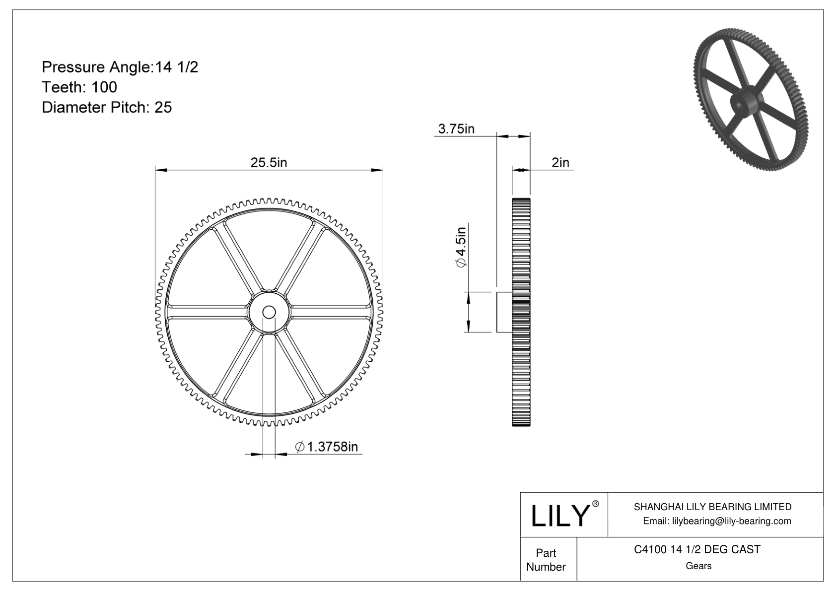 C4100 14 1/2 DEG CAST 正齿轮 cad drawing