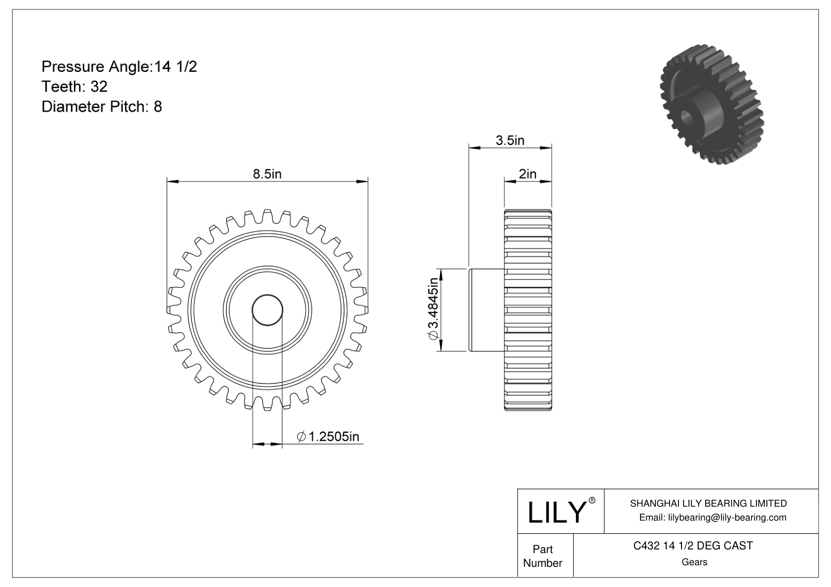 C432 14 1/2 DEG CAST Engranajes rectos cad drawing