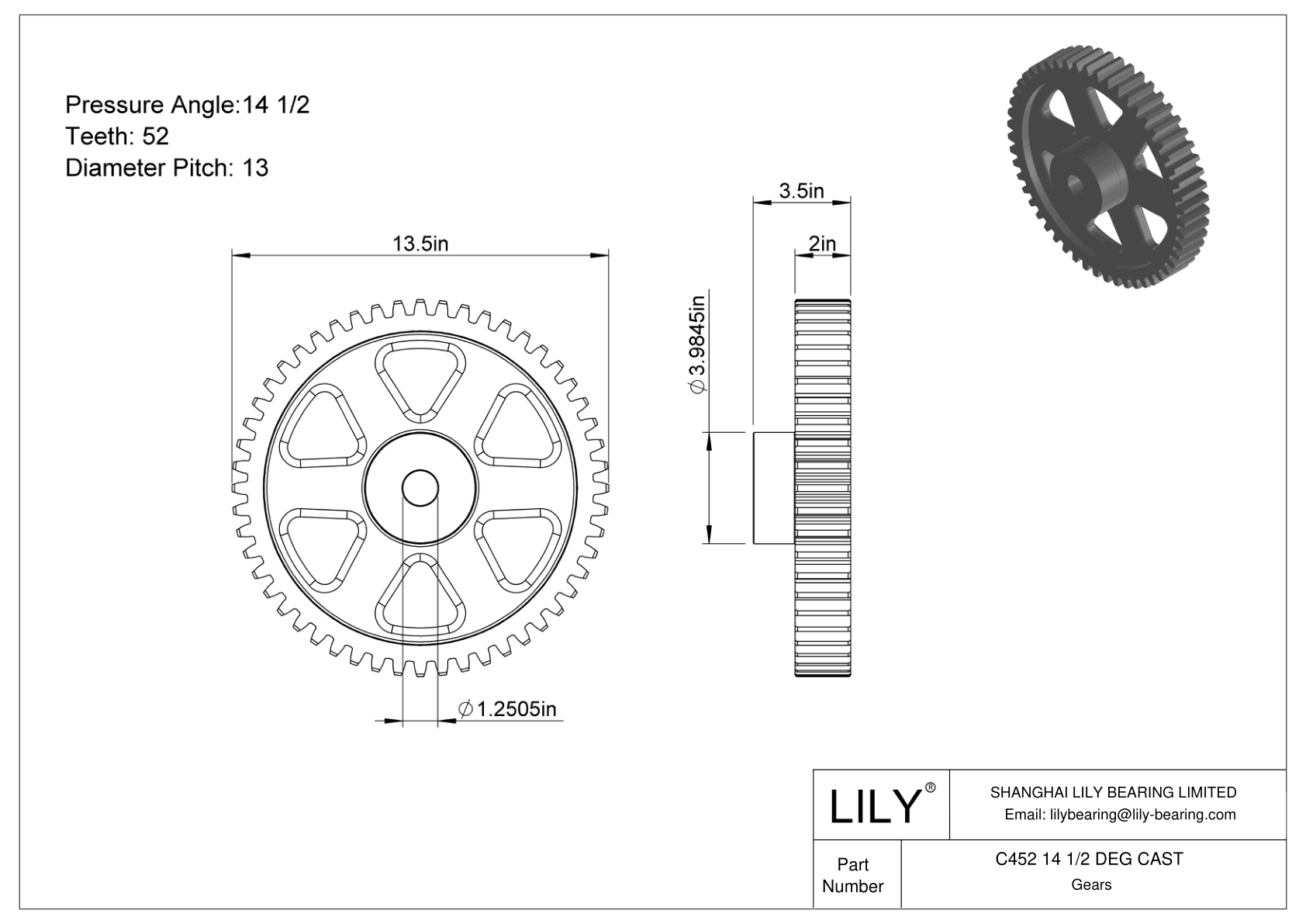 C452 14 1/2 DEG CAST 正齿轮 cad drawing