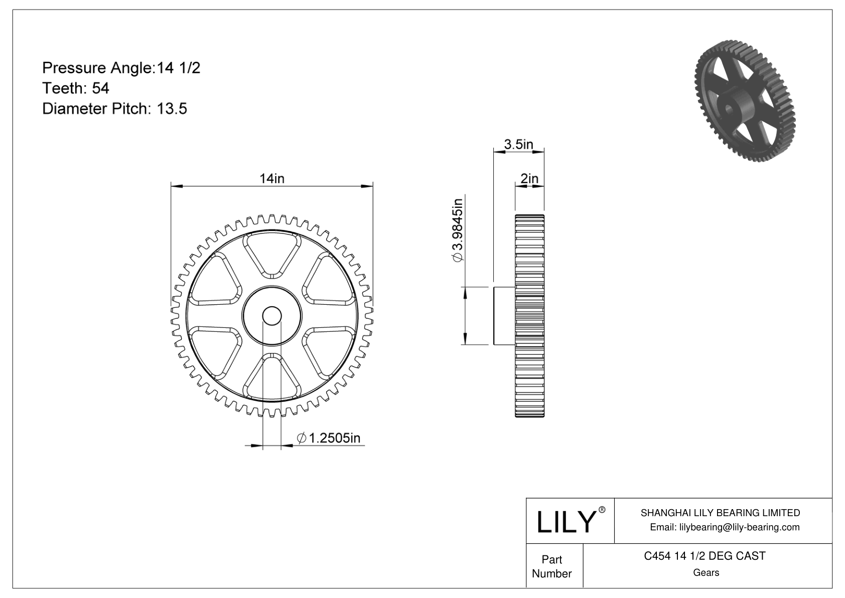 C454 14 1/2 DEG CAST Engranajes rectos cad drawing