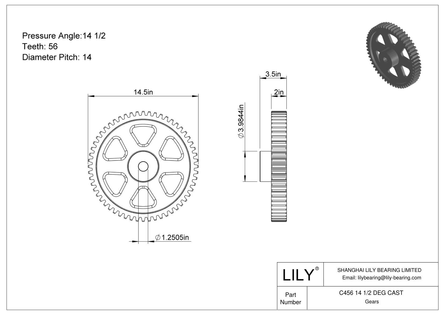 C456 14 1/2 DEG CAST 正齿轮 cad drawing