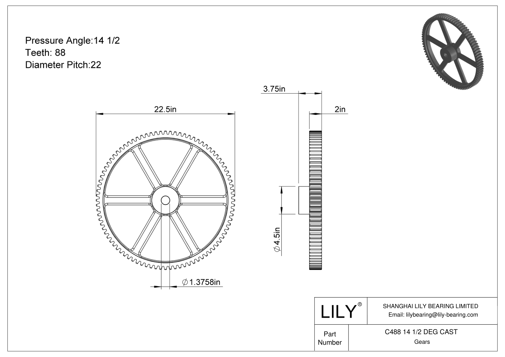 C488 14 1/2 DEG CAST Engranajes rectos cad drawing