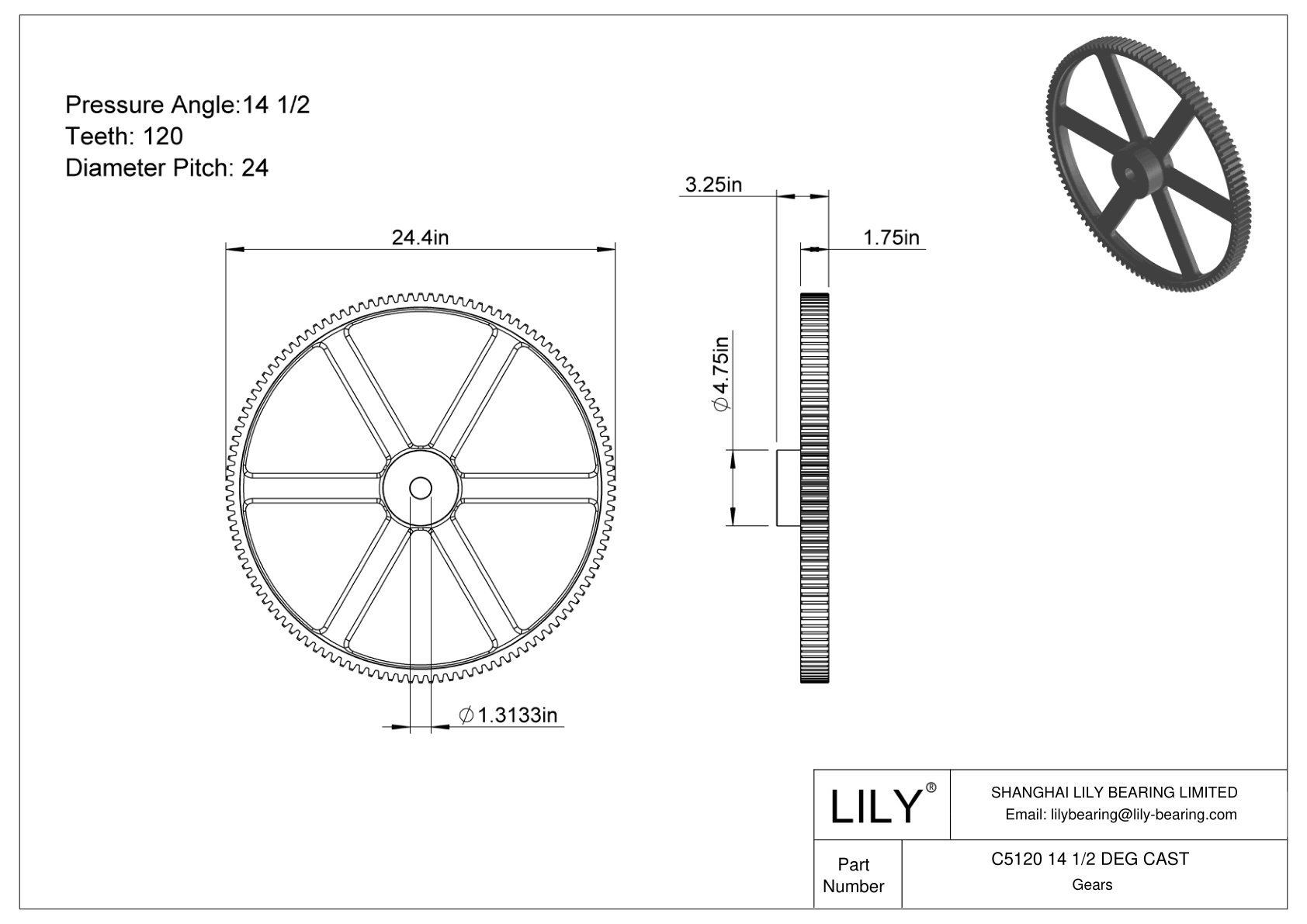 C5120 14 1/2 DEG CAST 正齿轮 cad drawing