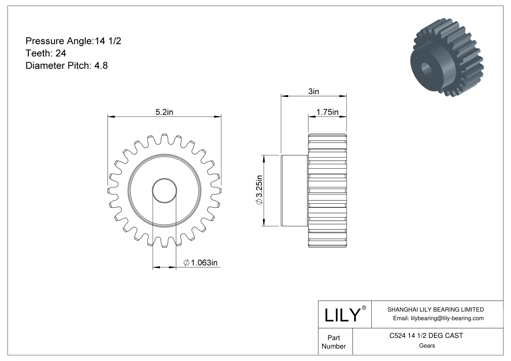 C524 14 1/2 DEG CAST 正齿轮 cad drawing