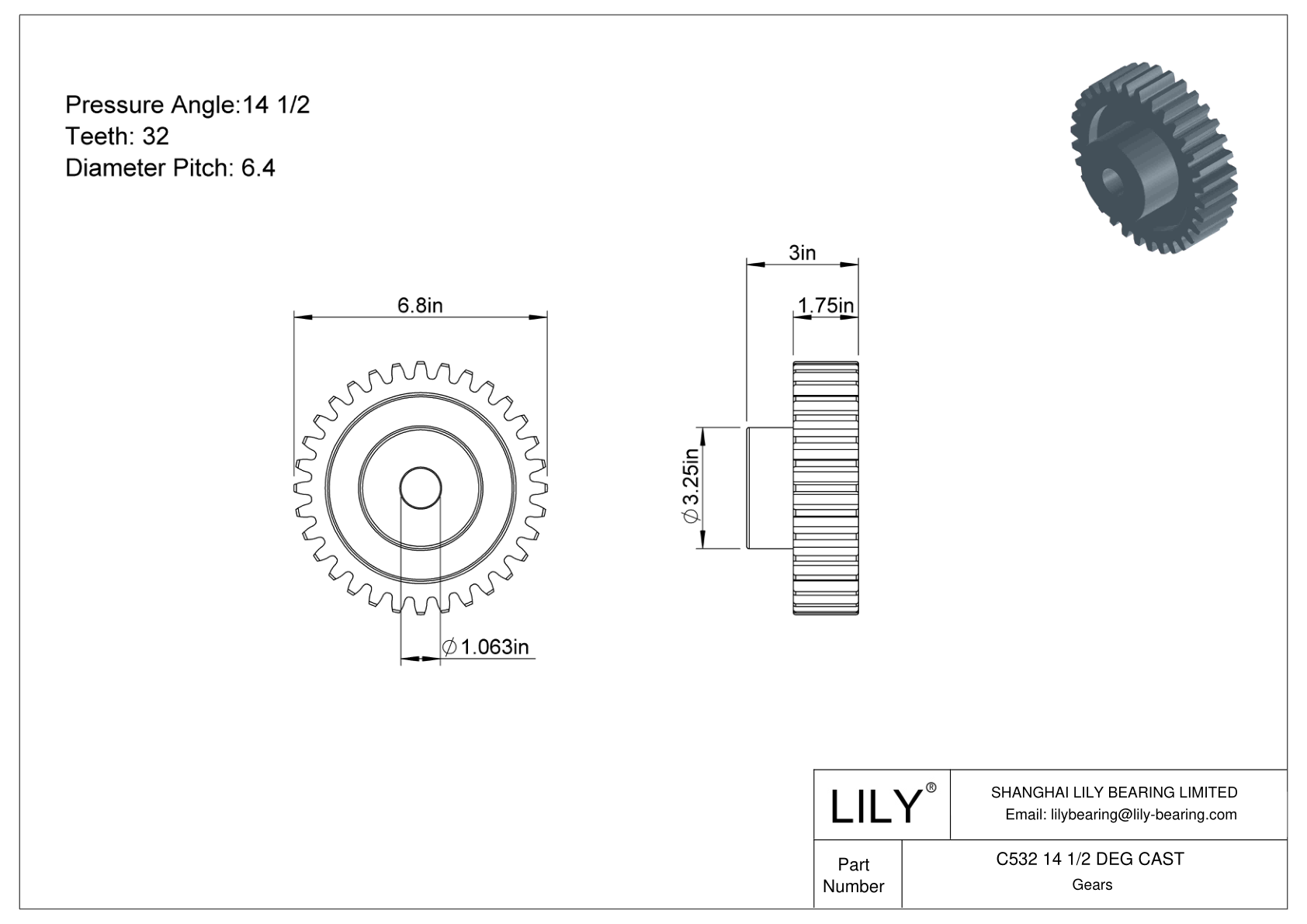 C532 14 1/2 DEG CAST 正齿轮 cad drawing