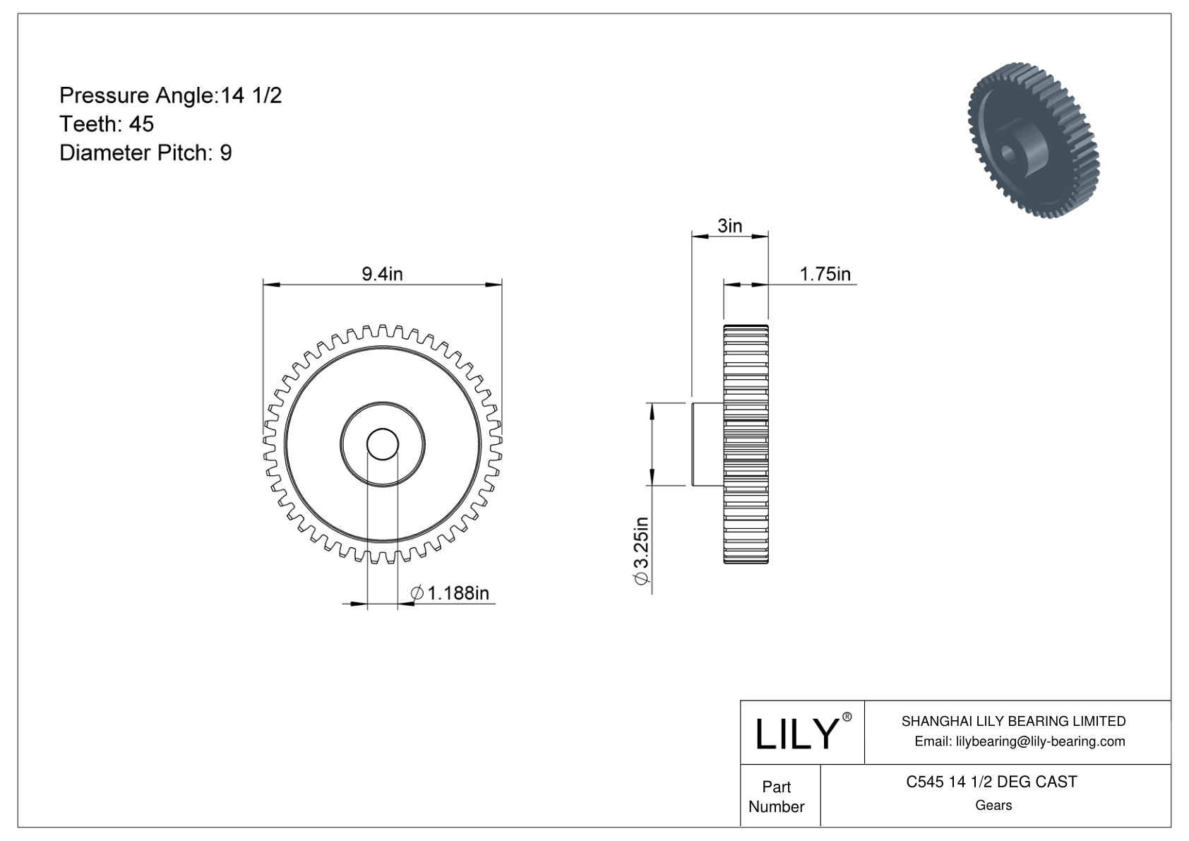 C545 14 1/2 DEG CAST 正齿轮 cad drawing