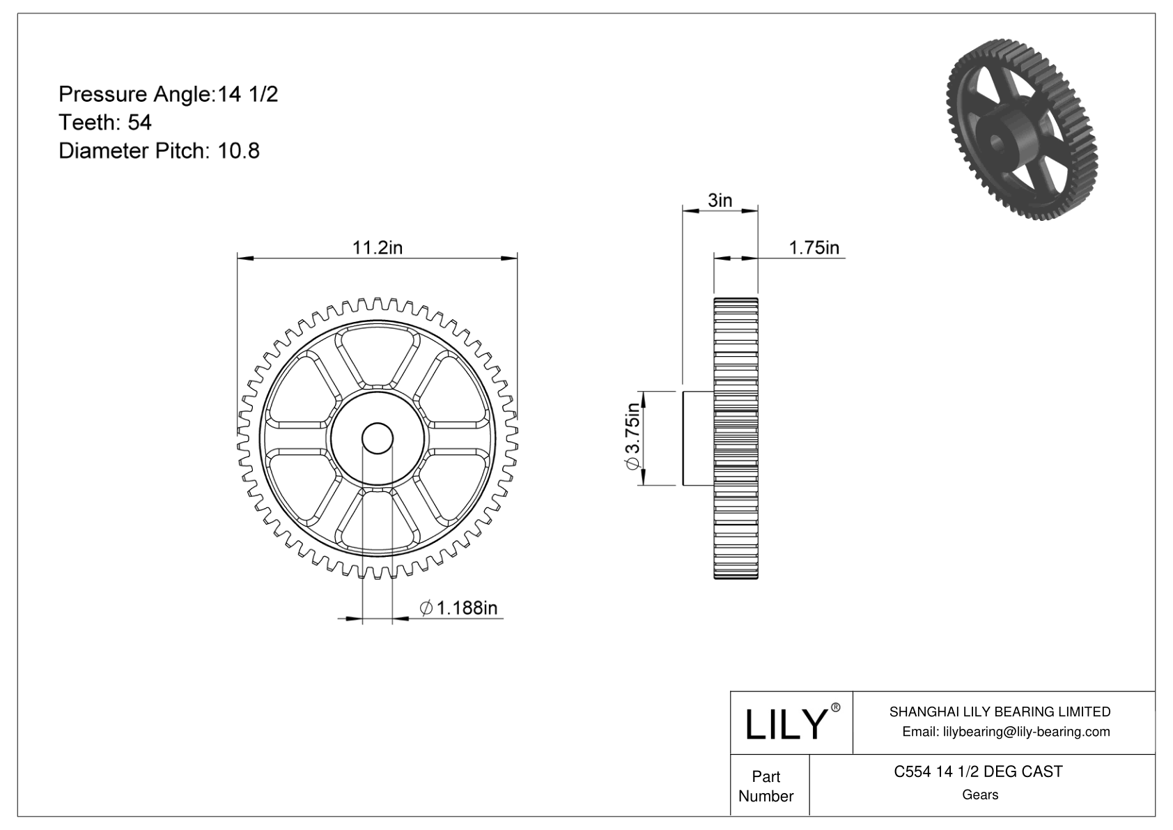 C554 14 1/2 DEG CAST 正齿轮 cad drawing