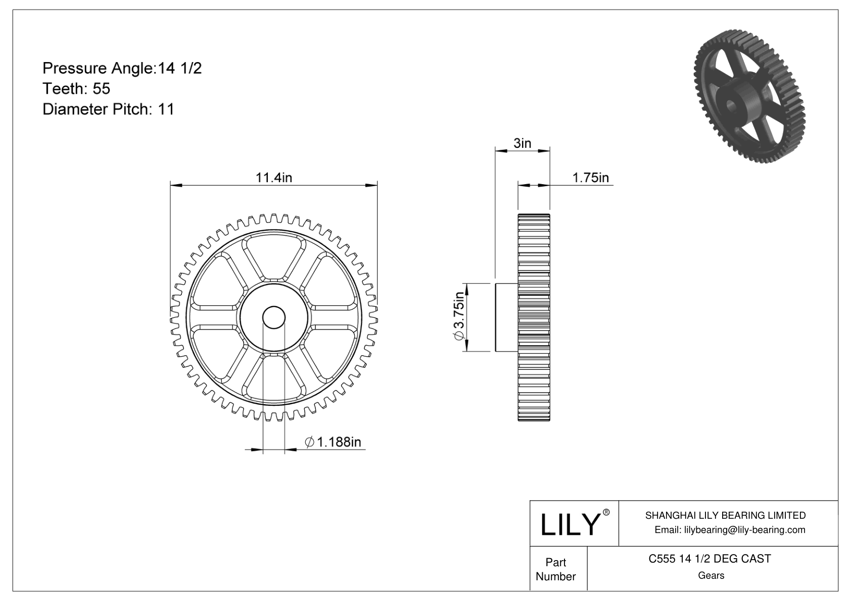 C555 14 1/2 DEG CAST 正齿轮 cad drawing