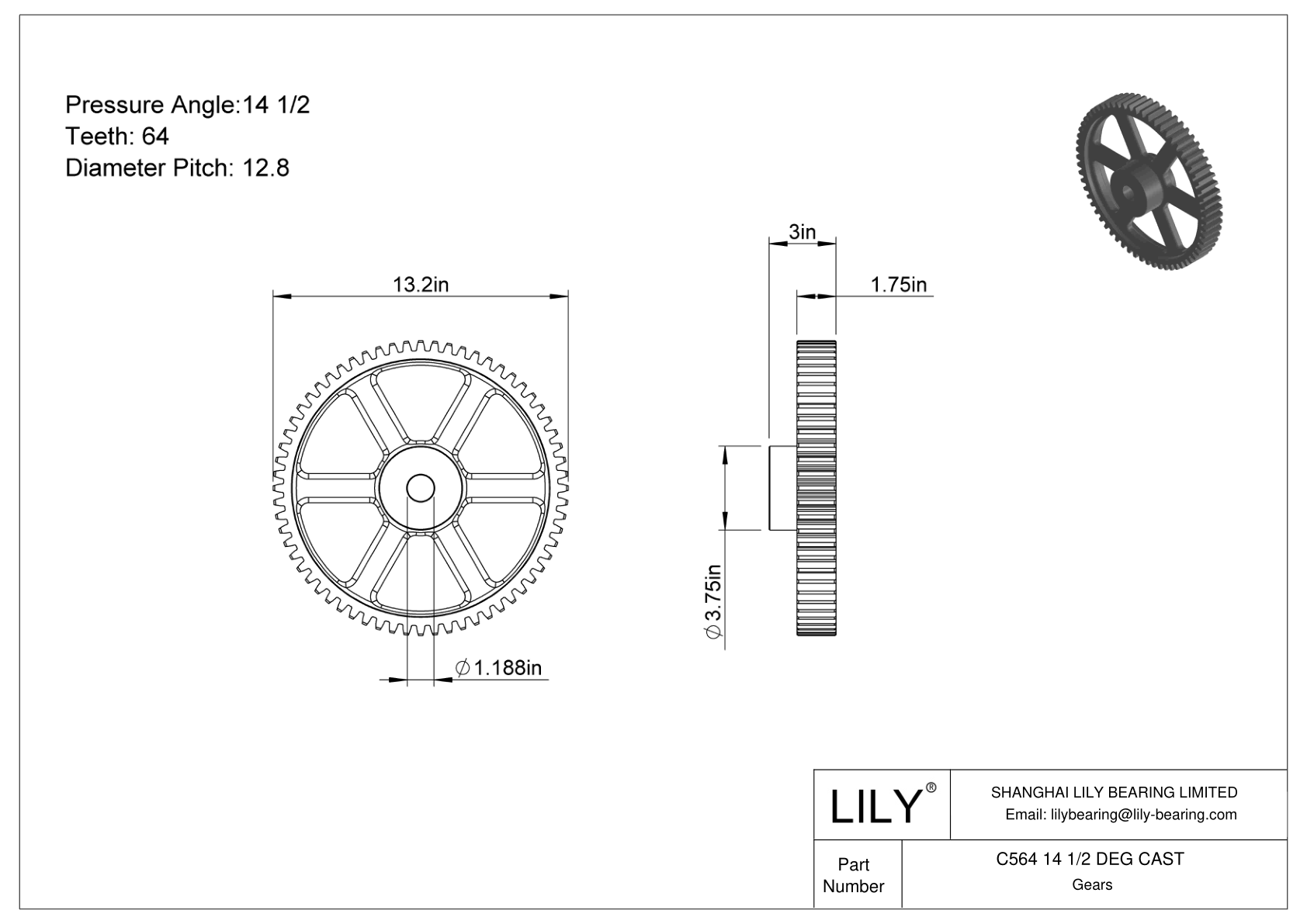 C564 14 1/2 DEG CAST 正齿轮 cad drawing