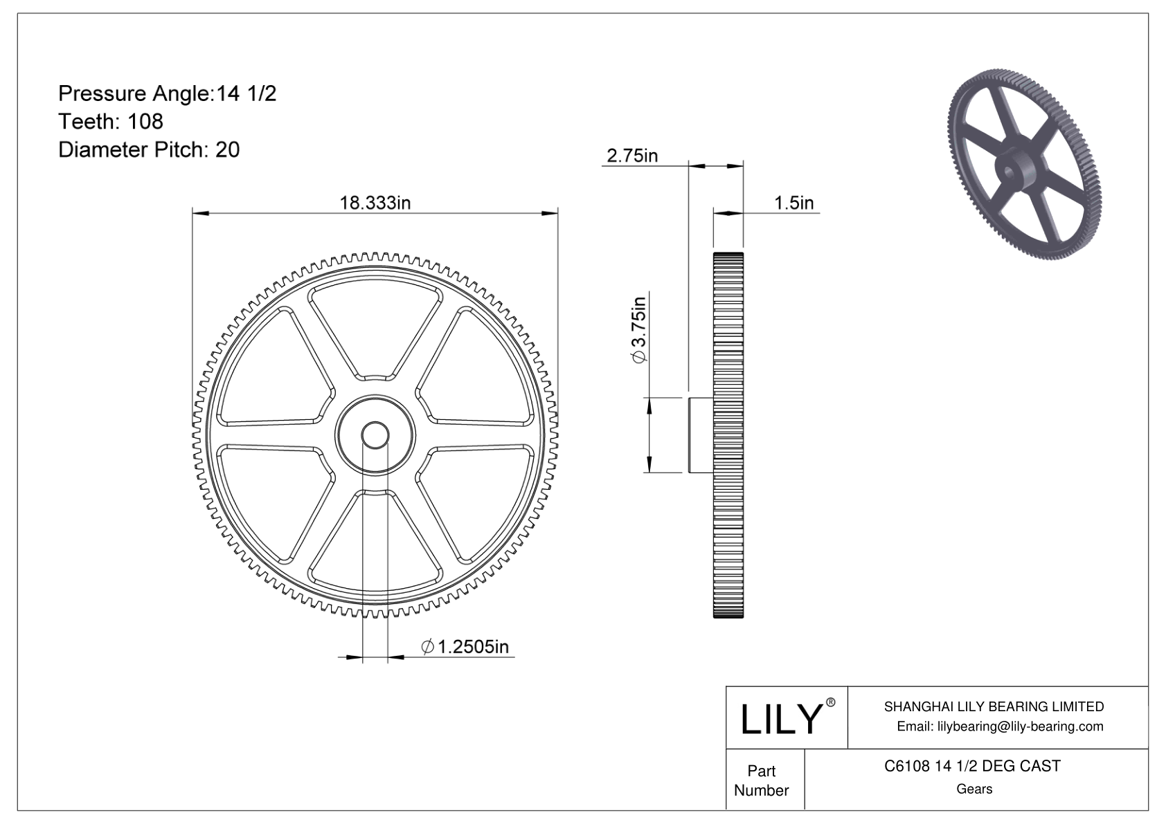 C6108 14 1/2 DEG CAST Engranajes rectos cad drawing