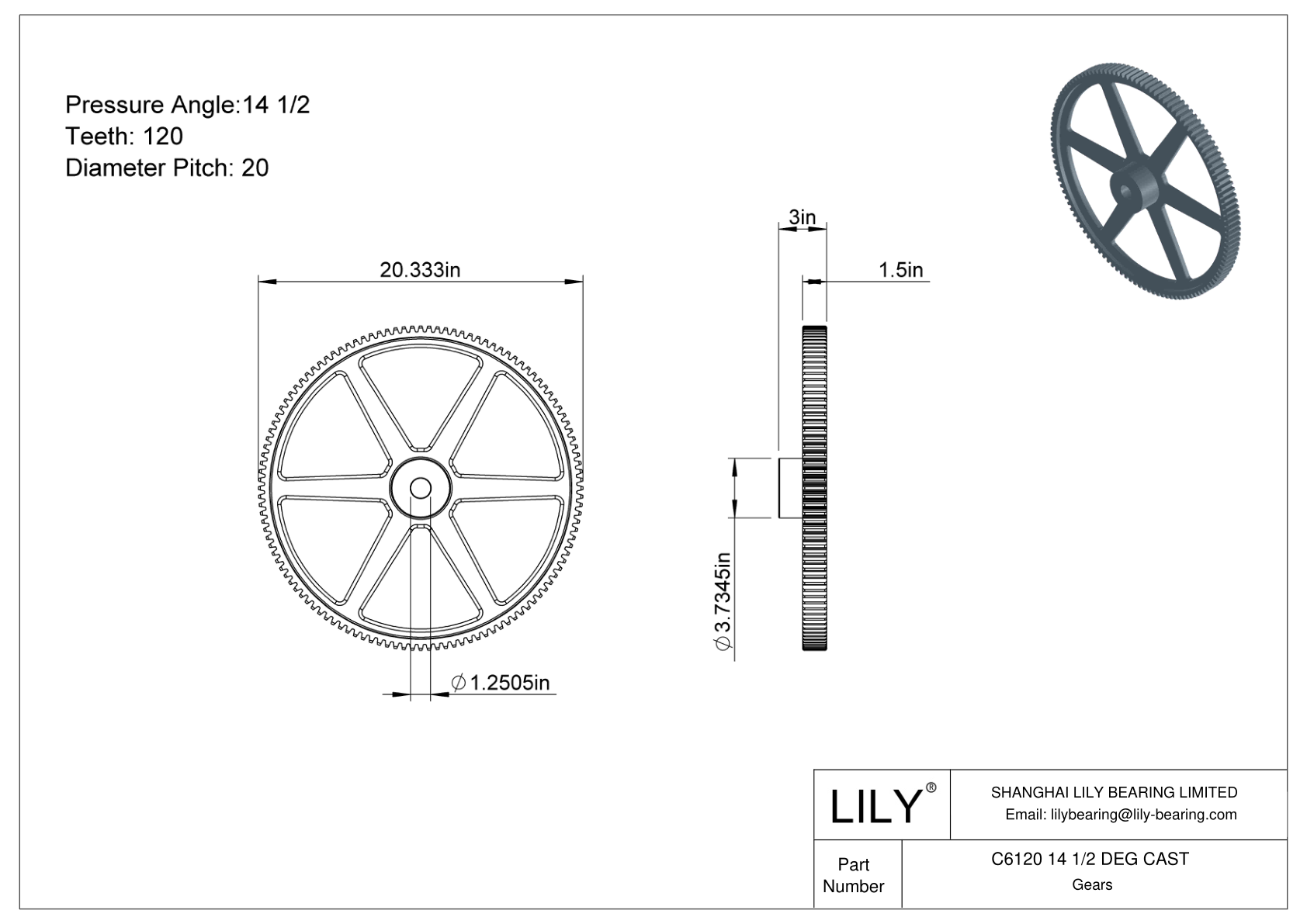 C6120 14 1/2 DEG CAST 正齿轮 cad drawing