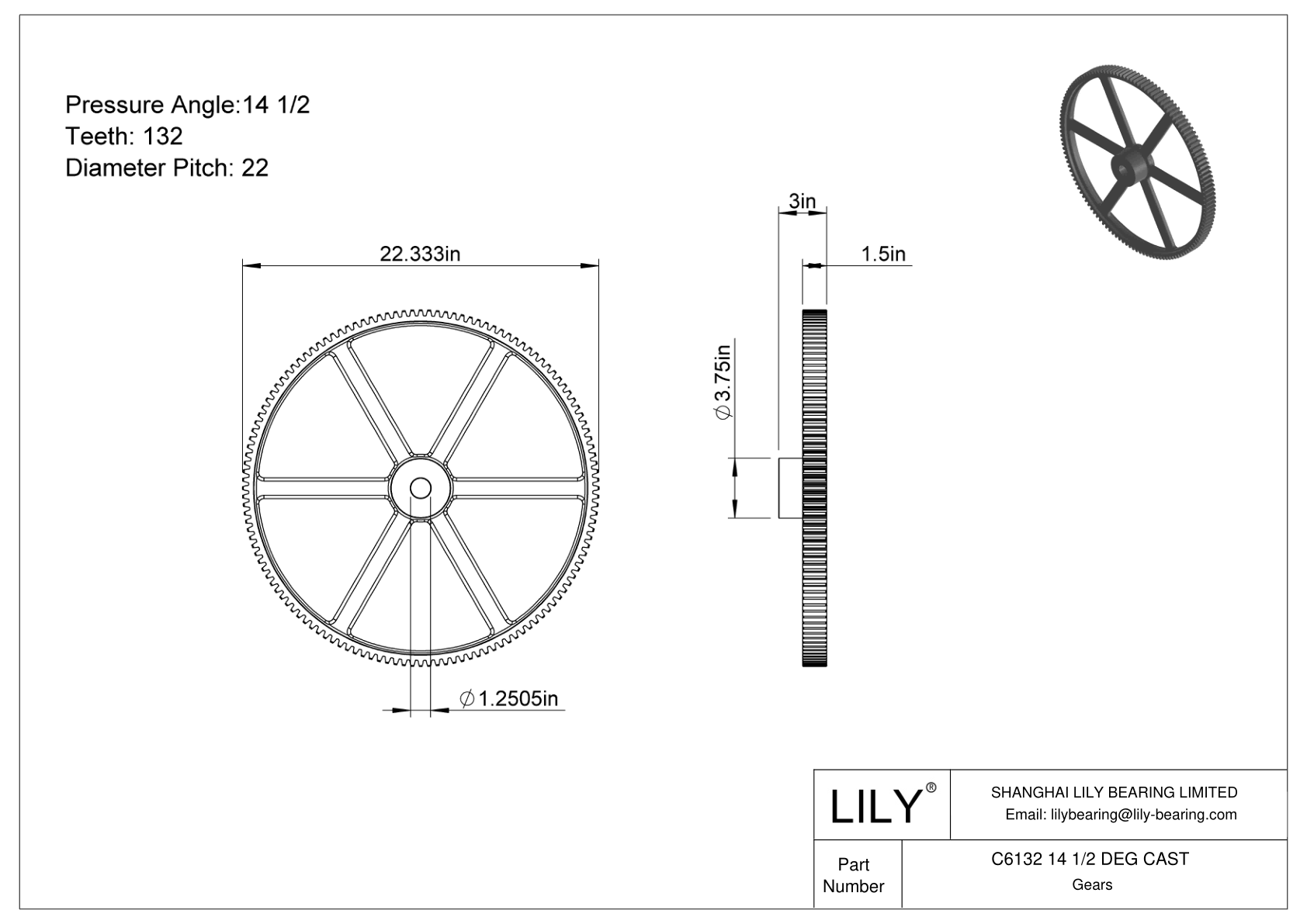 C6132 14 1/2 DEG CAST 正齿轮 cad drawing