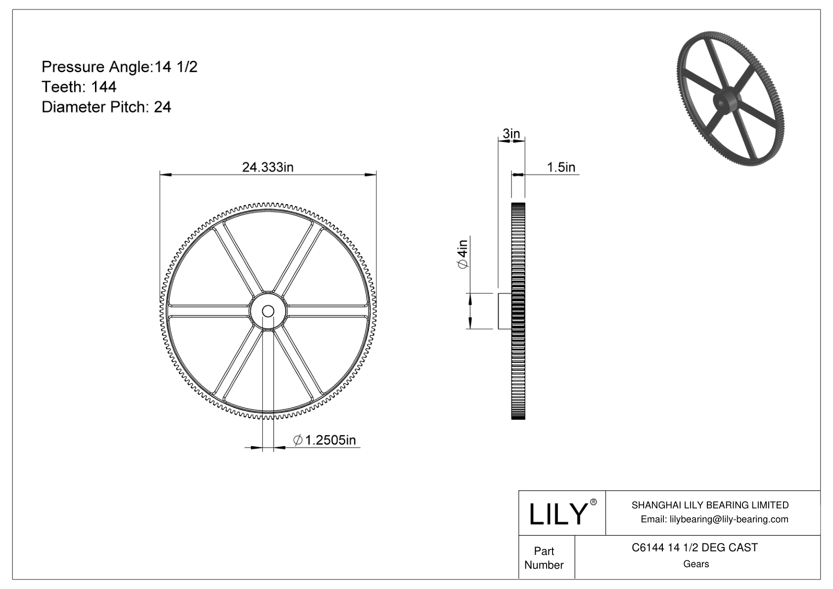 C6144 14 1/2 DEG CAST 正齿轮 cad drawing