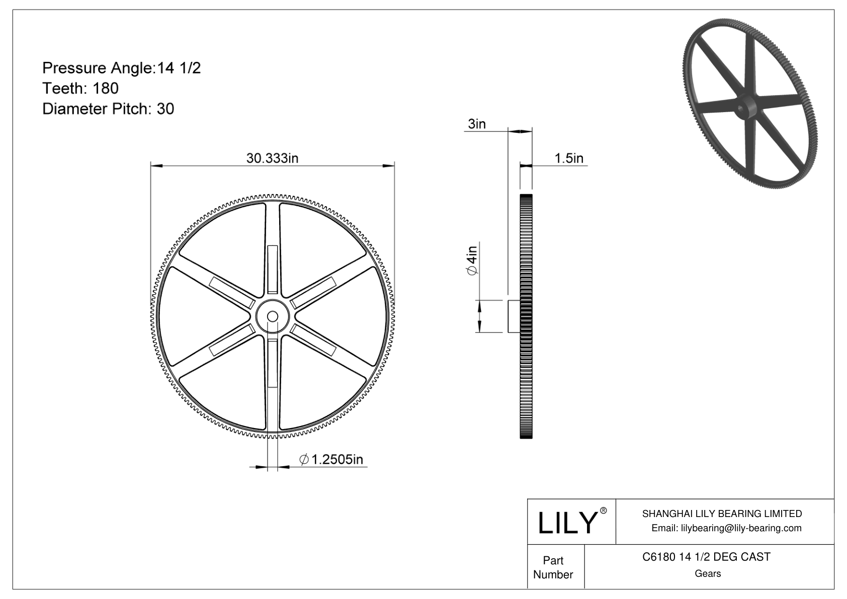 C6180 14 1/2 DEG CAST 正齿轮 cad drawing