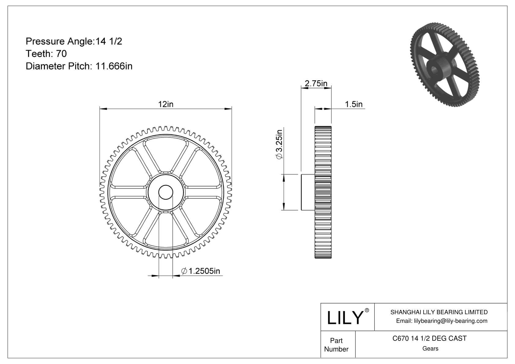 C670 14 1/2 DEG CAST Engranajes rectos cad drawing