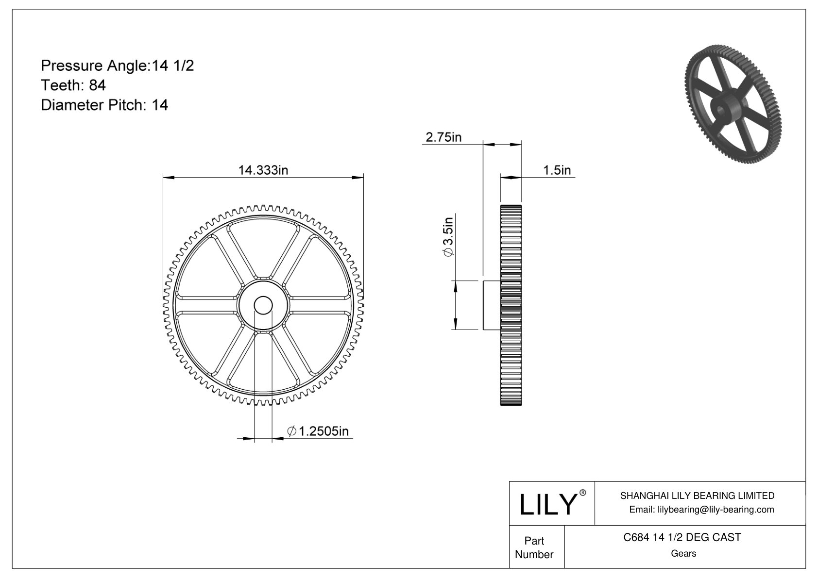 C684 14 1/2 DEG CAST Engranajes rectos cad drawing