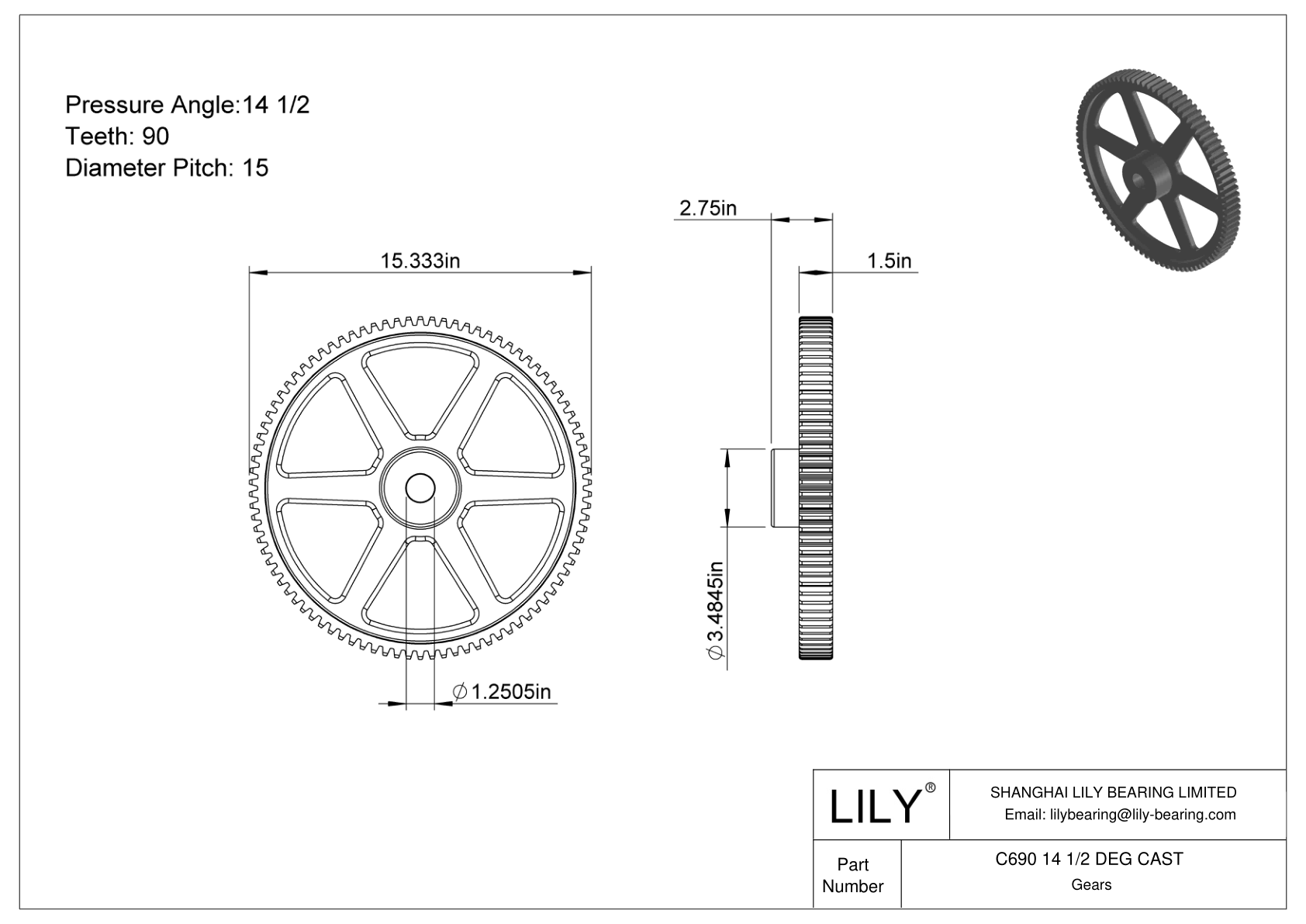 C690 14 1/2 DEG CAST 正齿轮 cad drawing