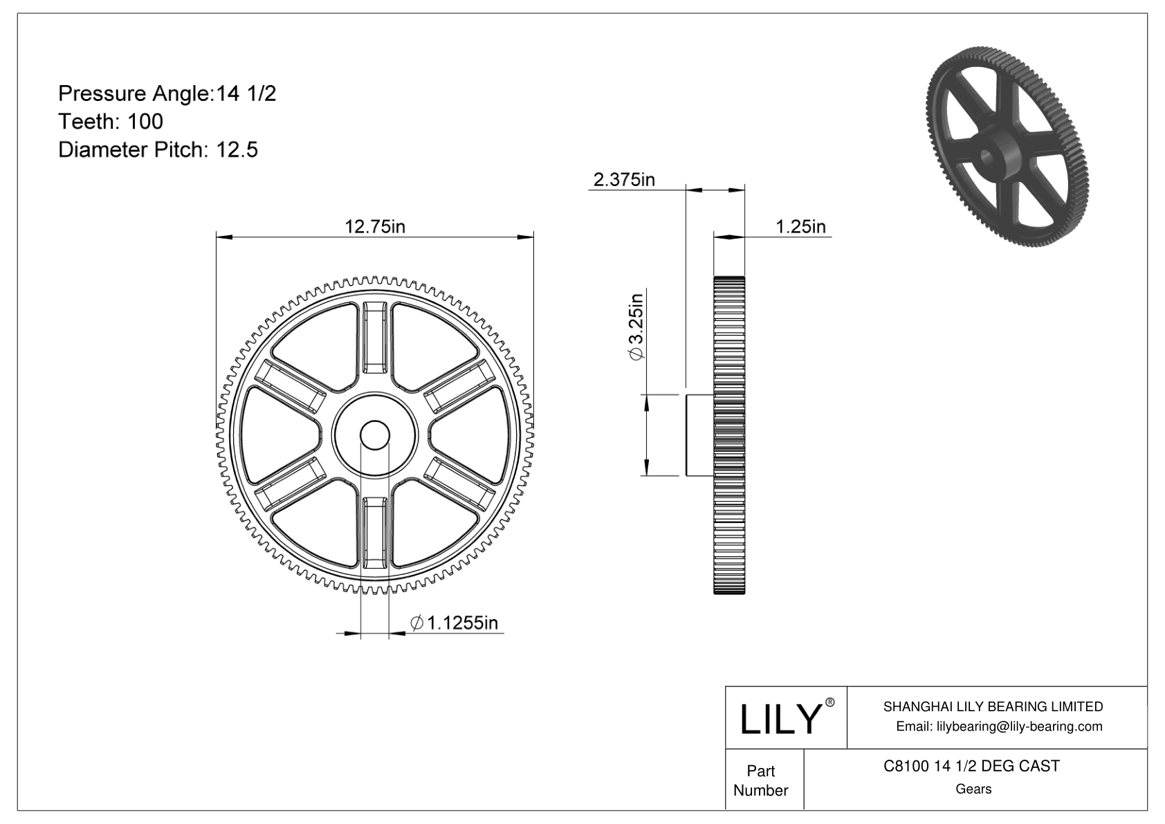 C8100 14 1/2 DEG CAST Engranajes rectos cad drawing