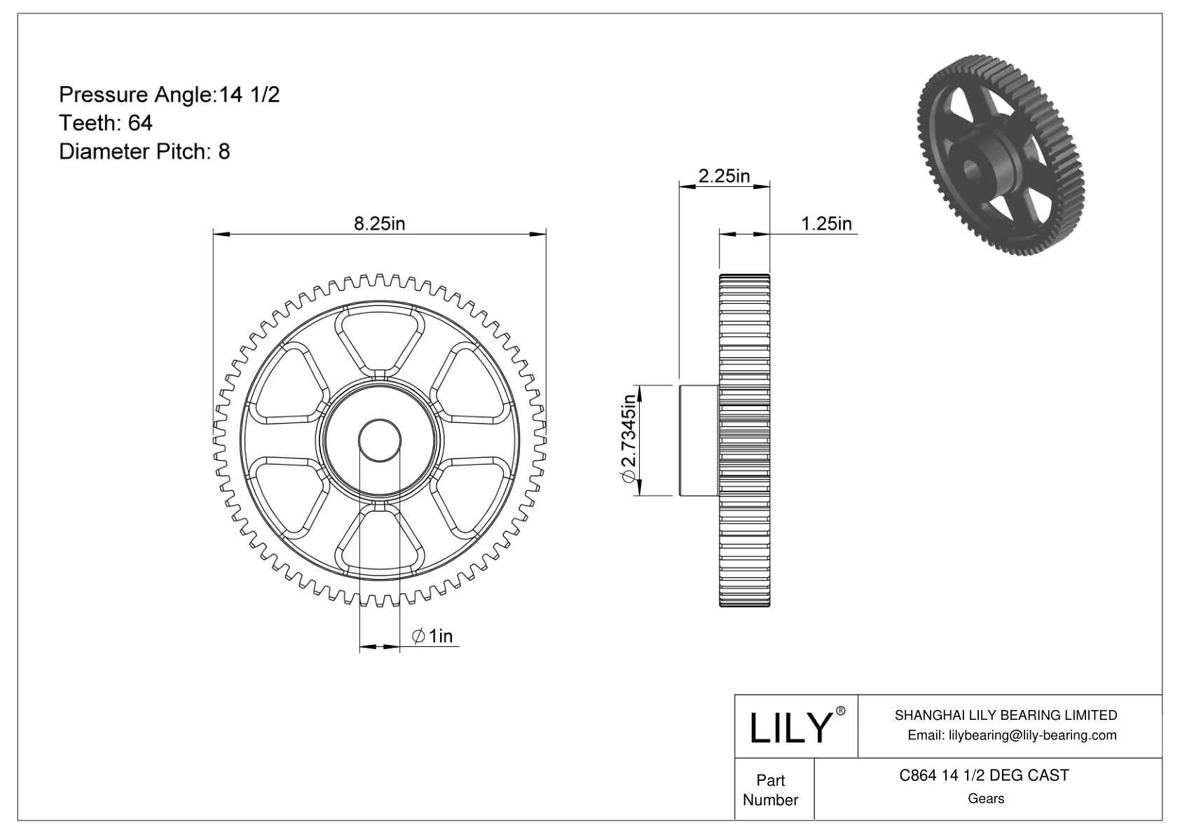 C864 14 1/2 DEG CAST Engranajes rectos cad drawing