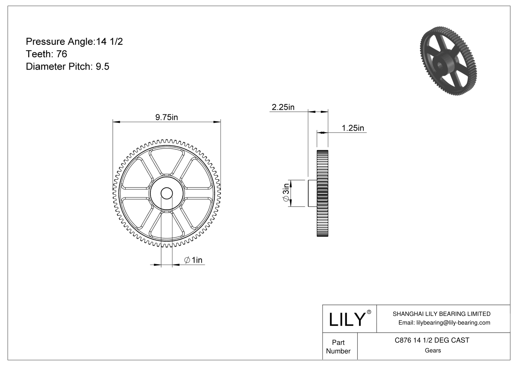 C876 14 1/2 DEG CAST 正齿轮 cad drawing