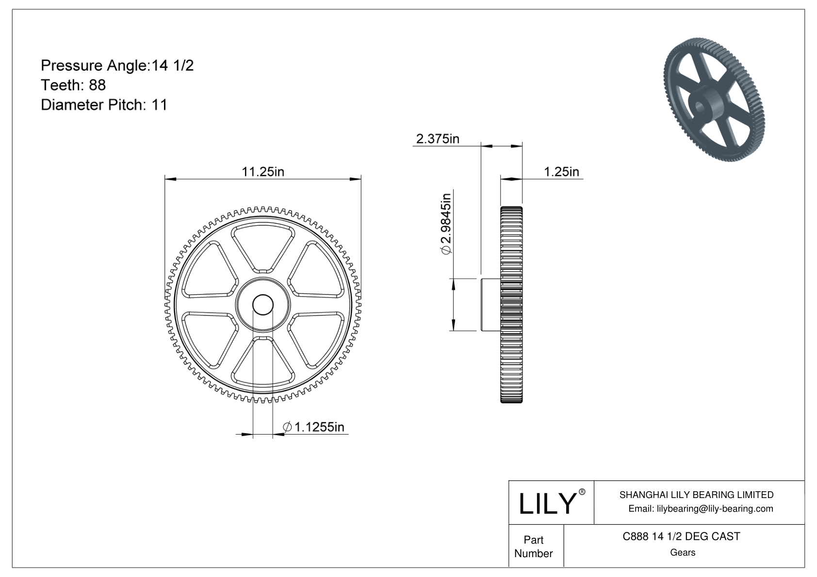 C888 14 1/2 DEG CAST Engranajes rectos cad drawing