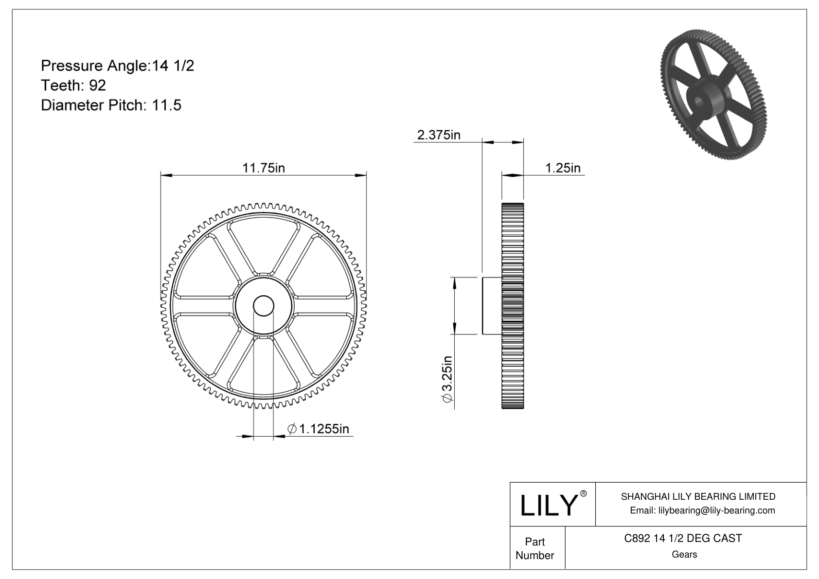 C892 14 1/2 DEG CAST Engranajes rectos cad drawing