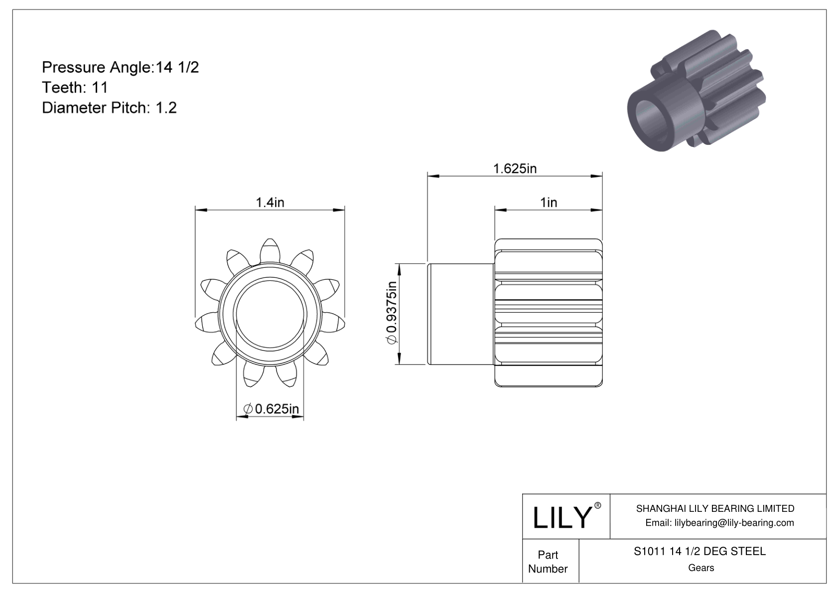 S1011 14 1/2 DEG STEEL 正齿轮 cad drawing