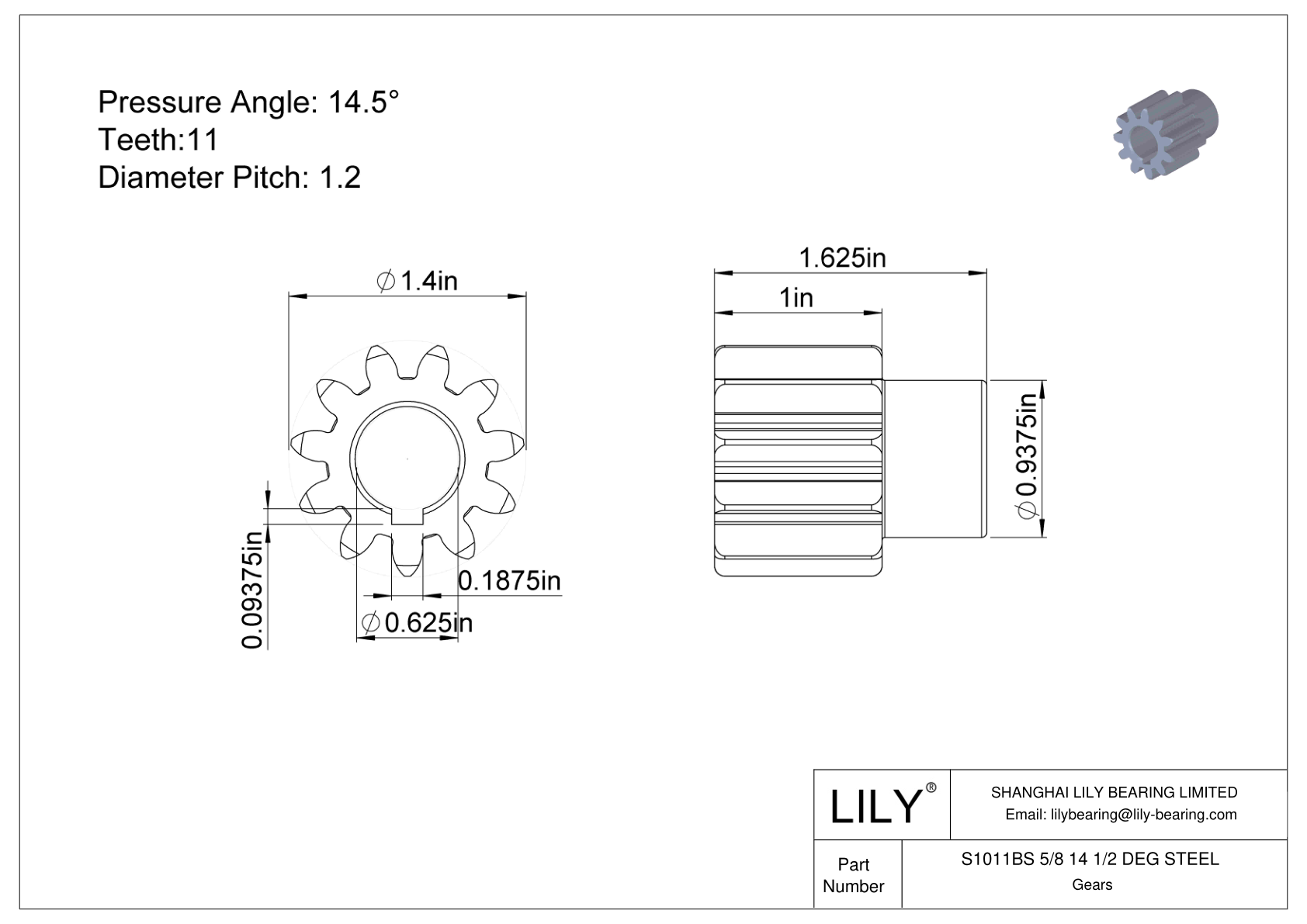 S1011BS 5/8 14 1/2 DEG STEEL 正齿轮 cad drawing