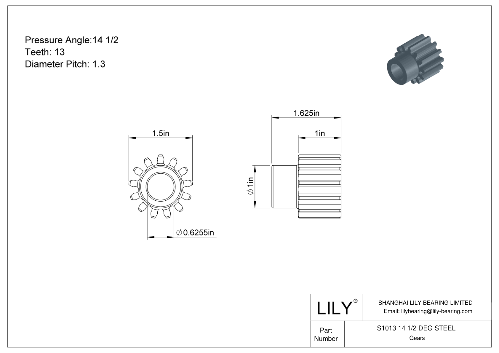 S1013 14 1/2 DEG STEEL 正齿轮 cad drawing