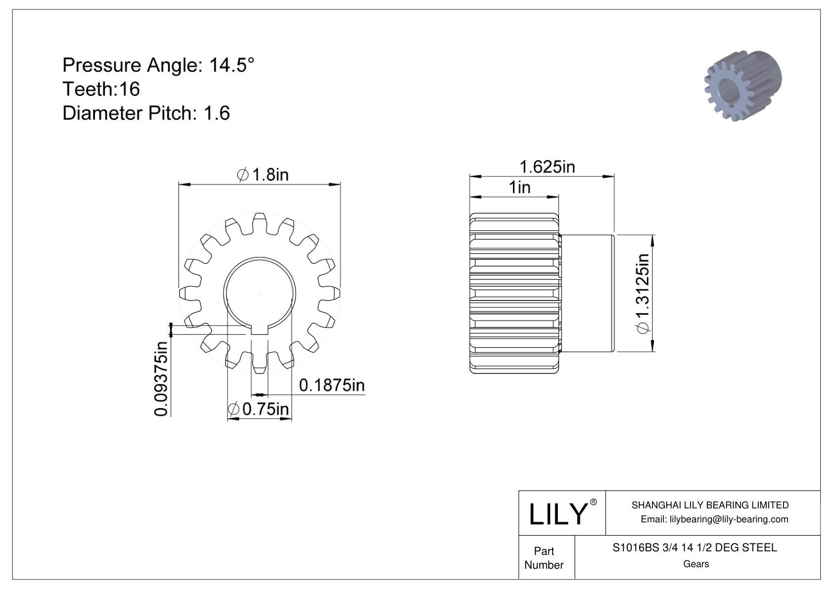 S1016BS 3/4 14 1/2 DEG STEEL 正齿轮 cad drawing