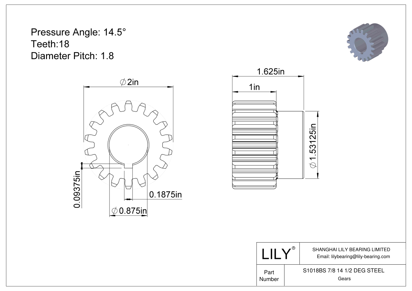 S1018BS 7/8 14 1/2 DEG STEEL 正齿轮 cad drawing