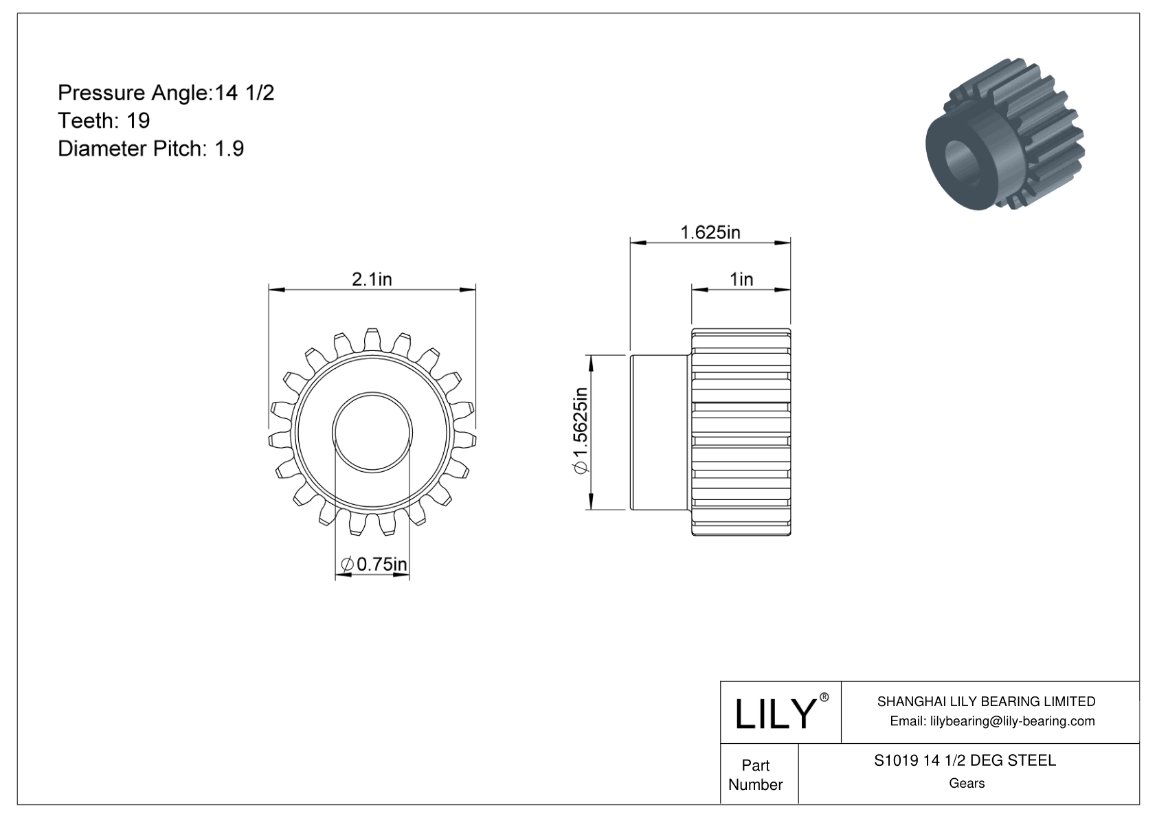 S1019 14 1/2 DEG STEEL 正齿轮 cad drawing