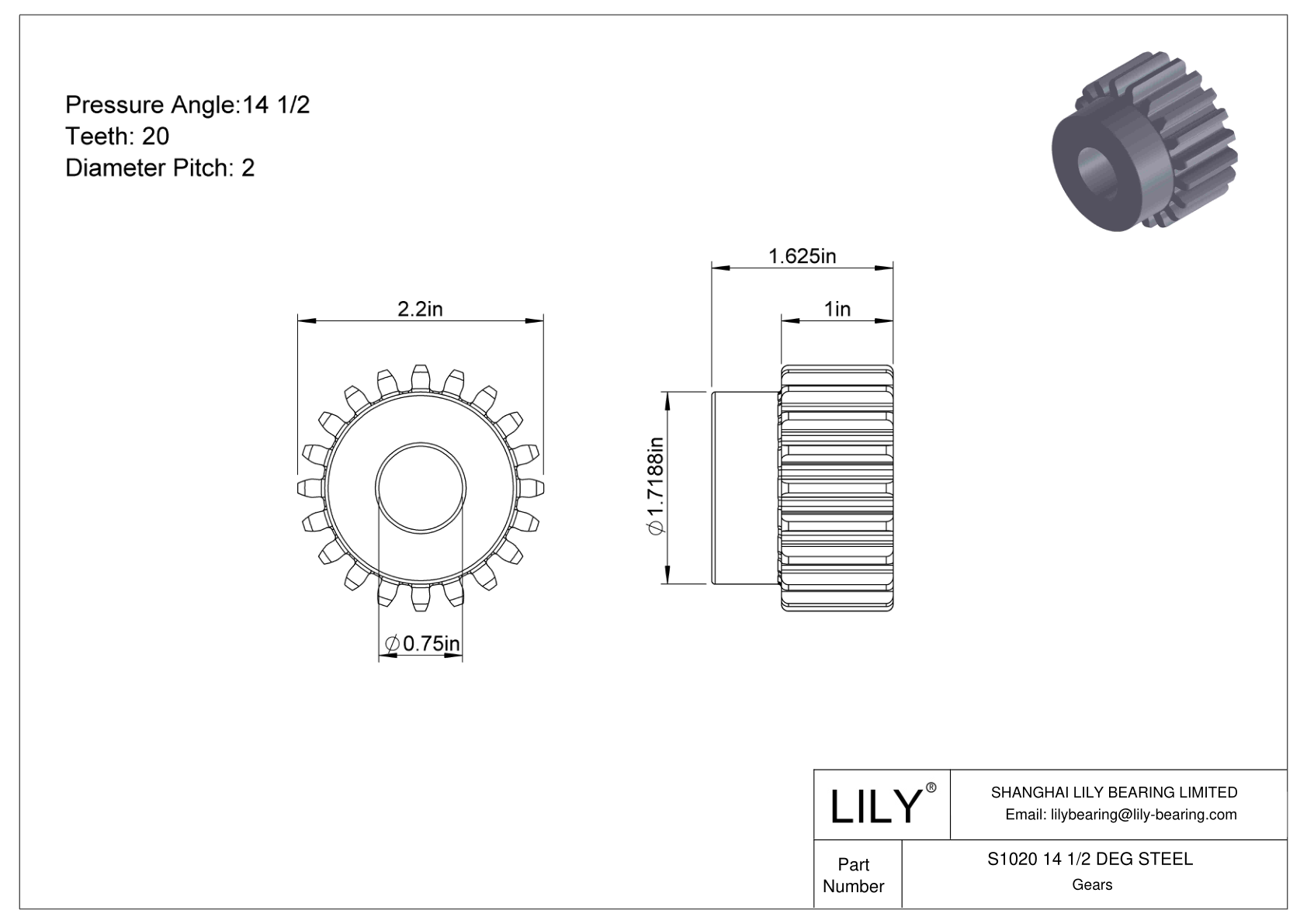 S1020 14 1/2 DEG STEEL 正齿轮 cad drawing