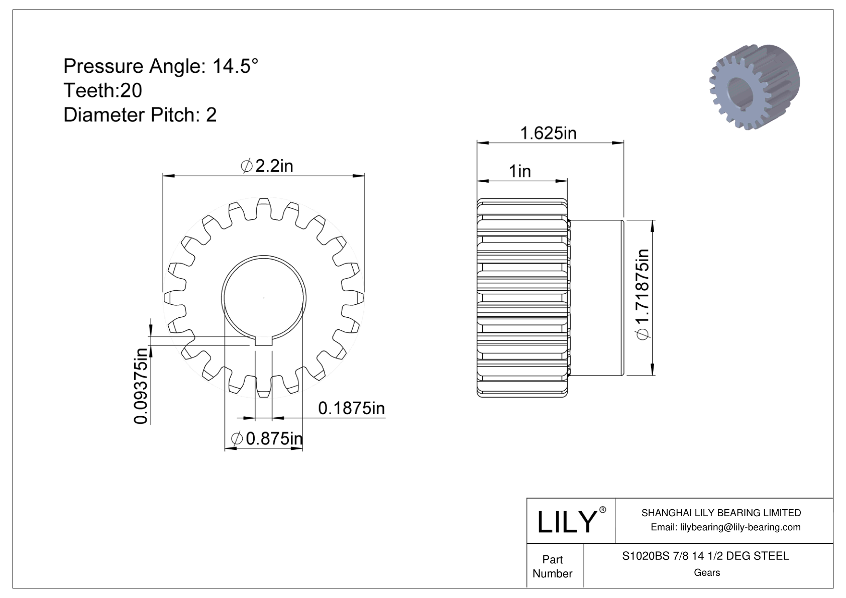 S1020BS 7/8 14 1/2 DEG STEEL Engranajes rectos cad drawing