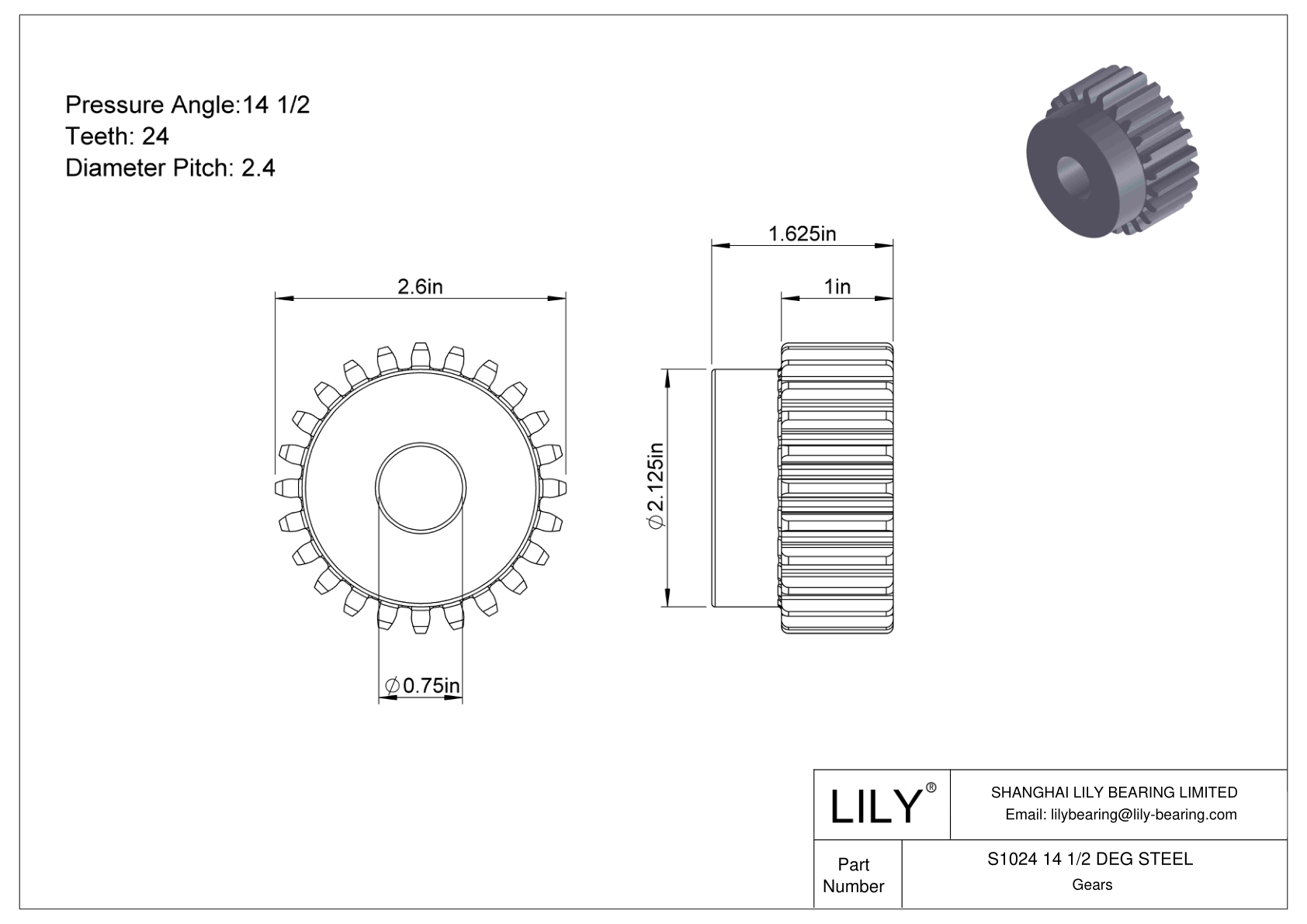 S1024 14 1/2 DEG STEEL 正齿轮 cad drawing