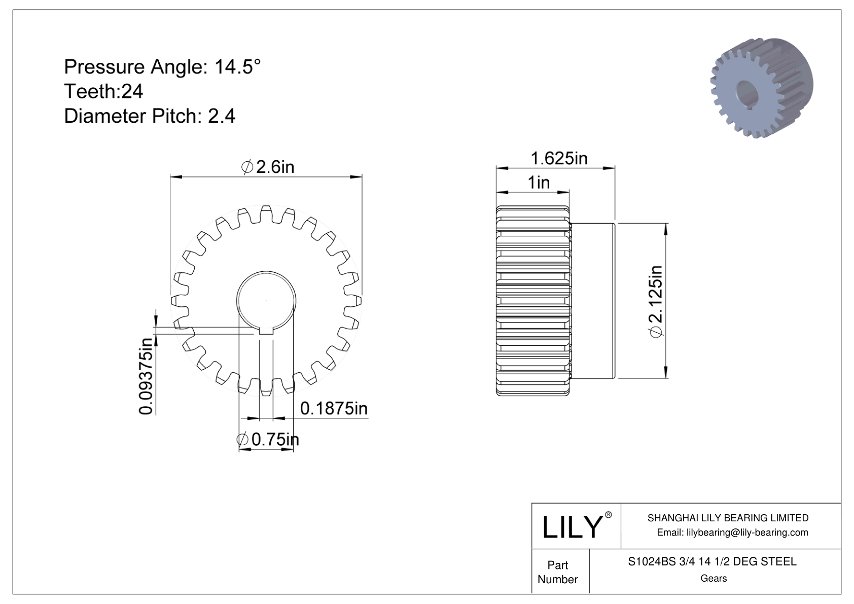 S1024BS 3/4 14 1/2 DEG STEEL 正齿轮 cad drawing