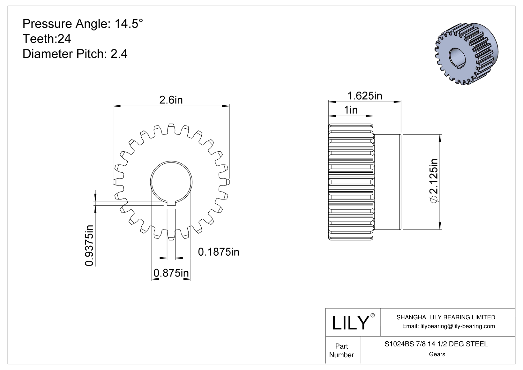 S1024BS 7/8 14 1/2 DEG STEEL 正齿轮 cad drawing