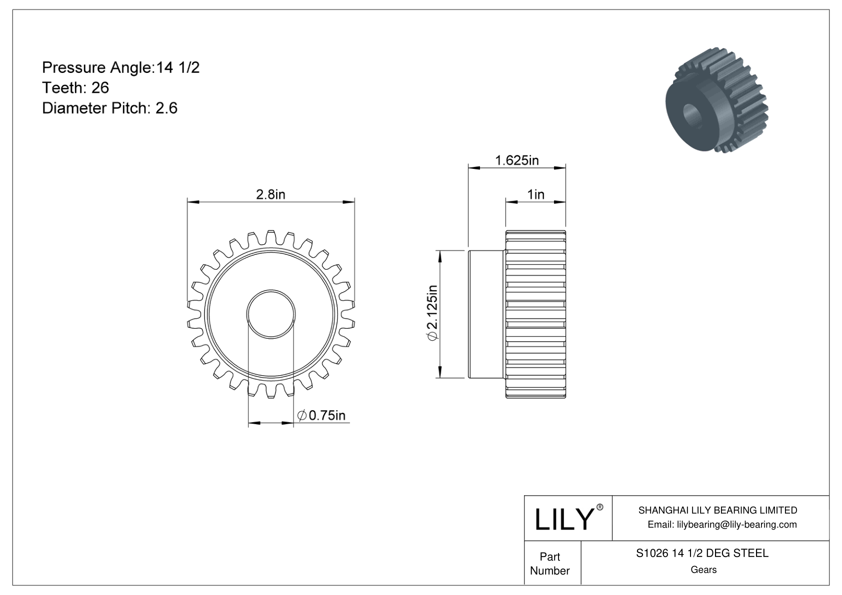 S1026 14 1/2 DEG STEEL 正齿轮 cad drawing