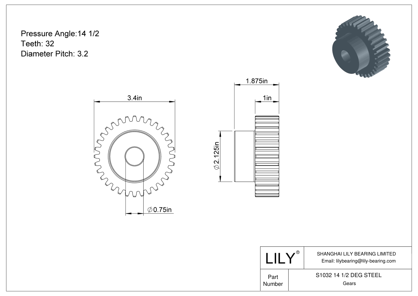 S1032 14 1/2 DEG STEEL 正齿轮 cad drawing