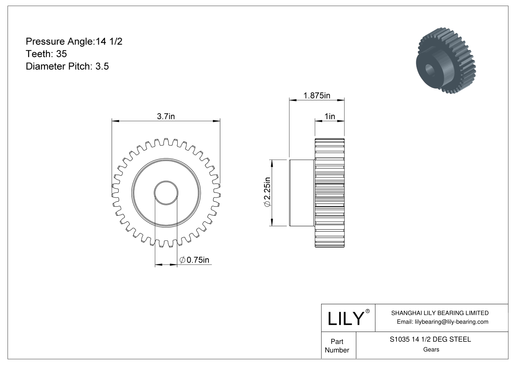 S1035 14 1/2 DEG STEEL Spur Gears cad drawing