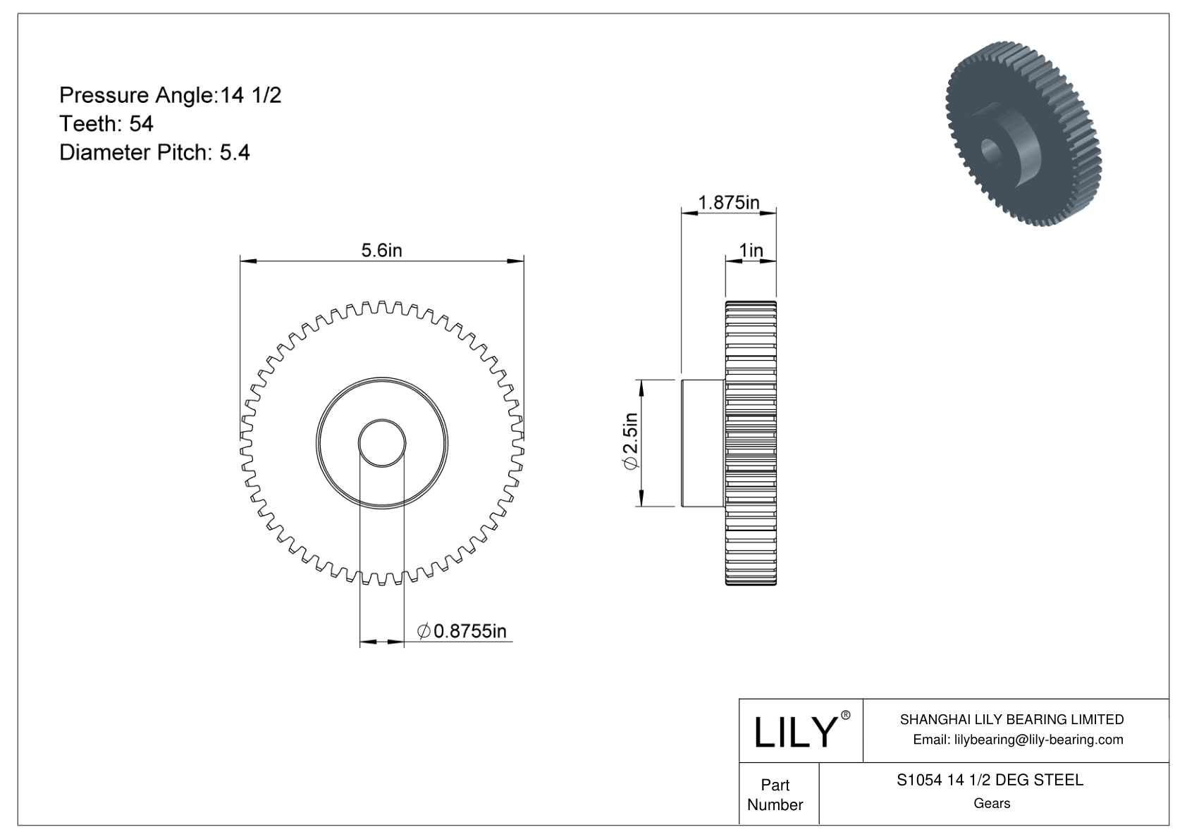 S1054 14 1/2 DEG STEEL 正齿轮 cad drawing