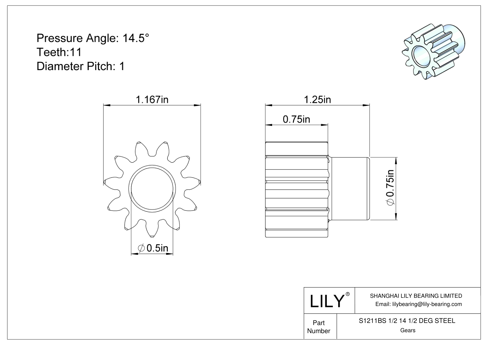 S1211BS 1/2 14 1/2 DEG STEEL Spur Gears cad drawing