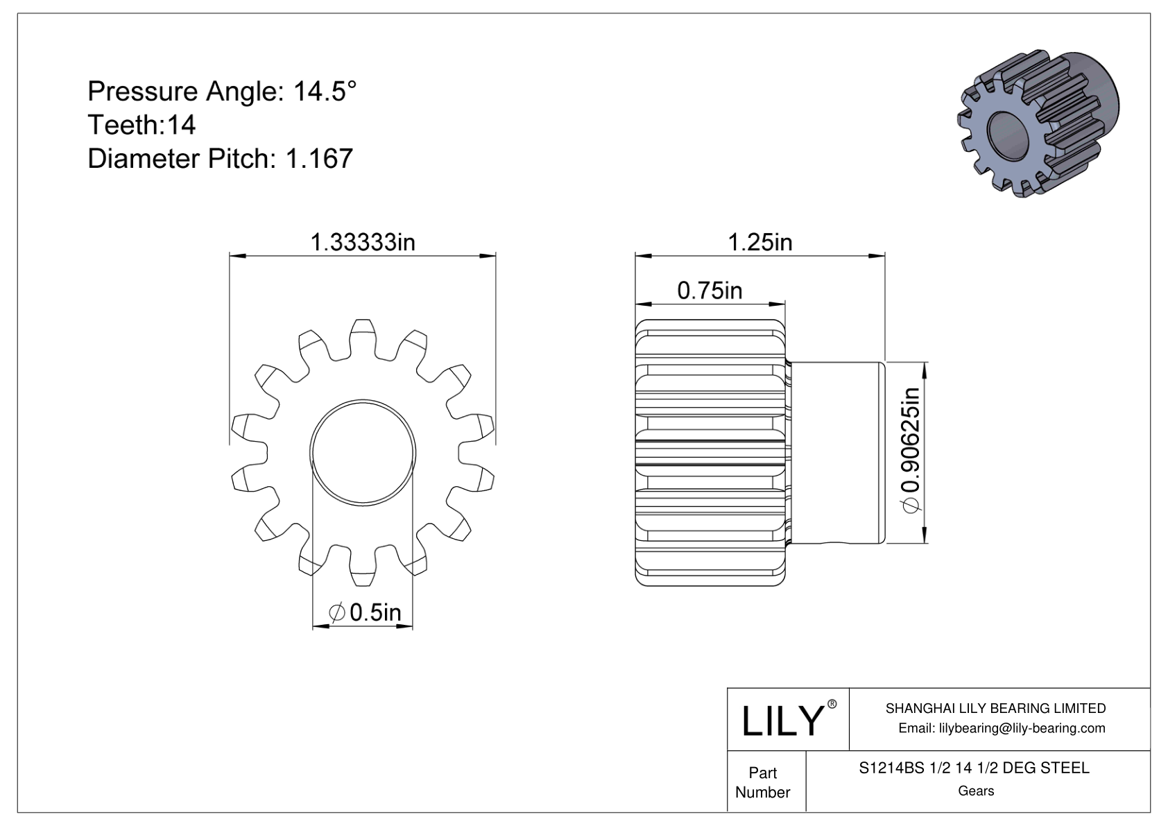 S1214BS 1/2 14 1/2 DEG STEEL 正齿轮 cad drawing