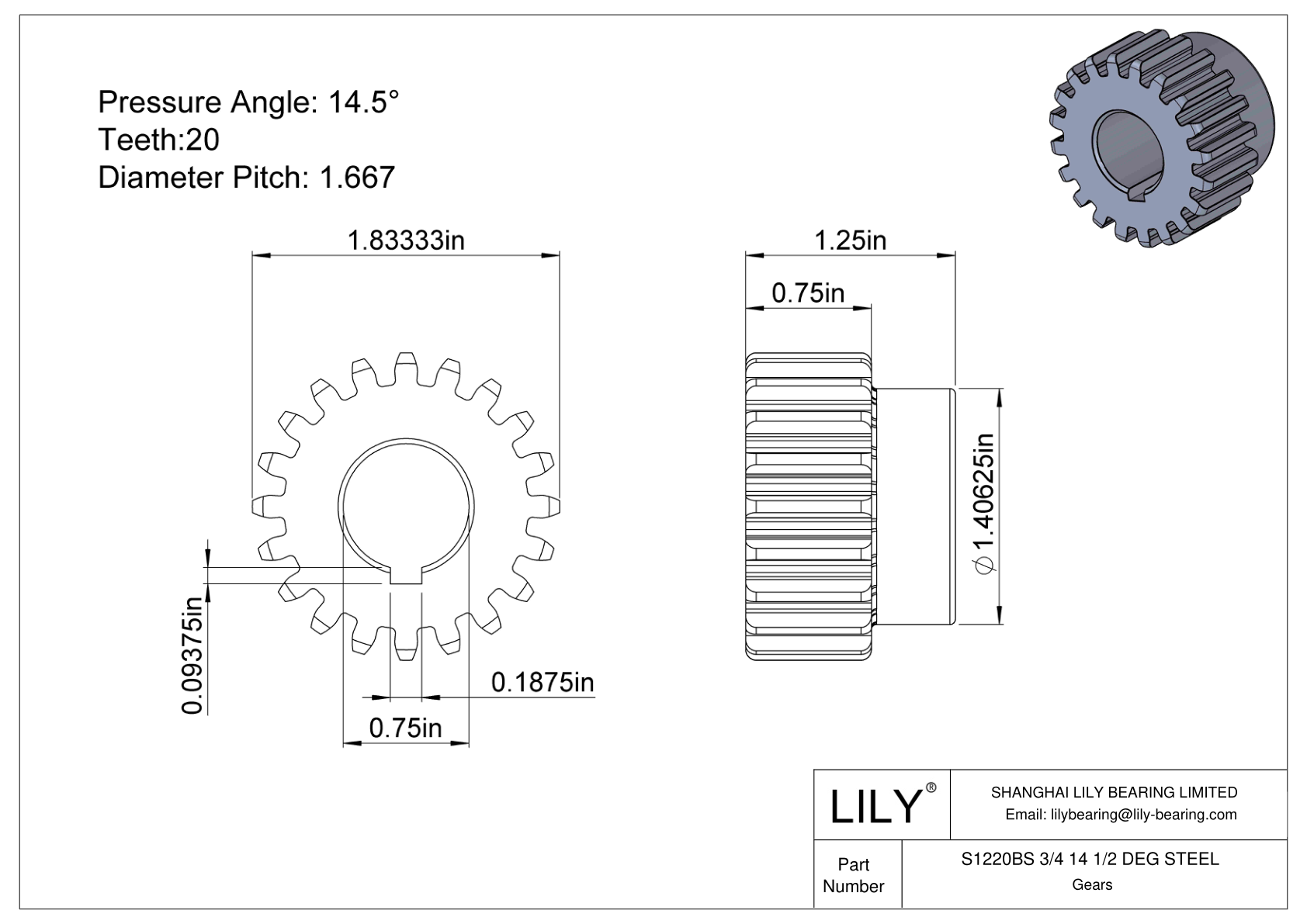 S1220BS 3/4 14 1/2 DEG STEEL 正齿轮 cad drawing