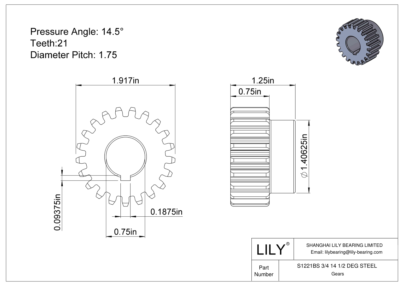 S1221BS 3/4 14 1/2 DEG STEEL 正齿轮 cad drawing