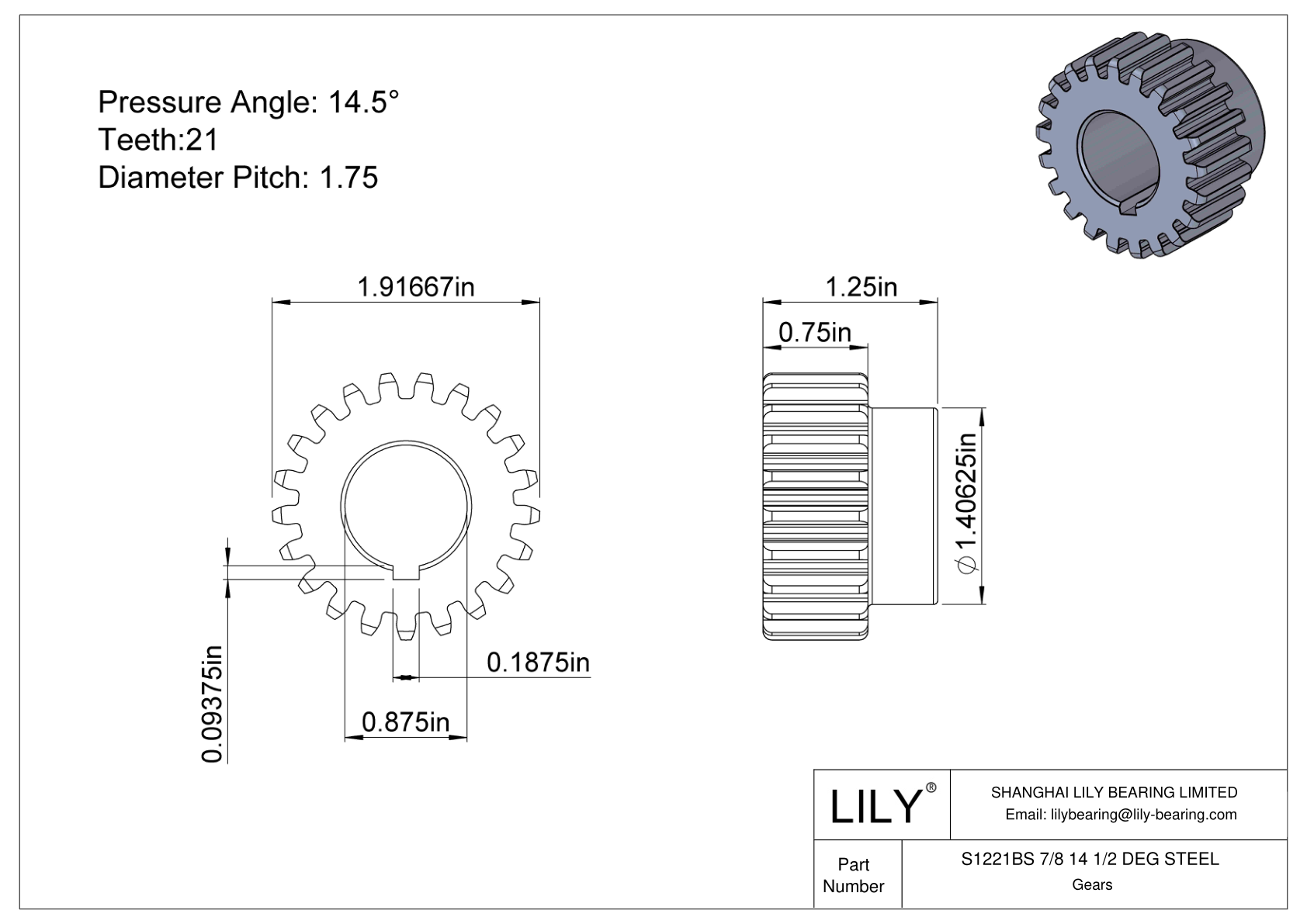 S1221BS 7/8 14 1/2 DEG STEEL Engranajes rectos cad drawing