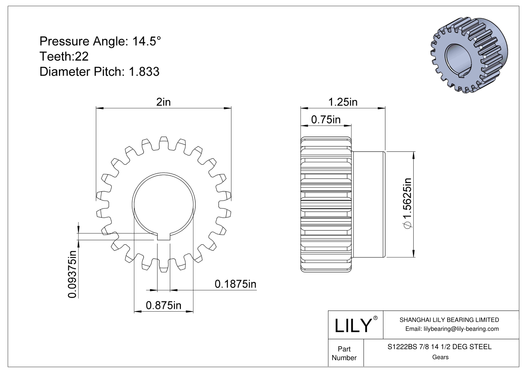 S1222BS 7/8 14 1/2 DEG STEEL Engranajes rectos cad drawing