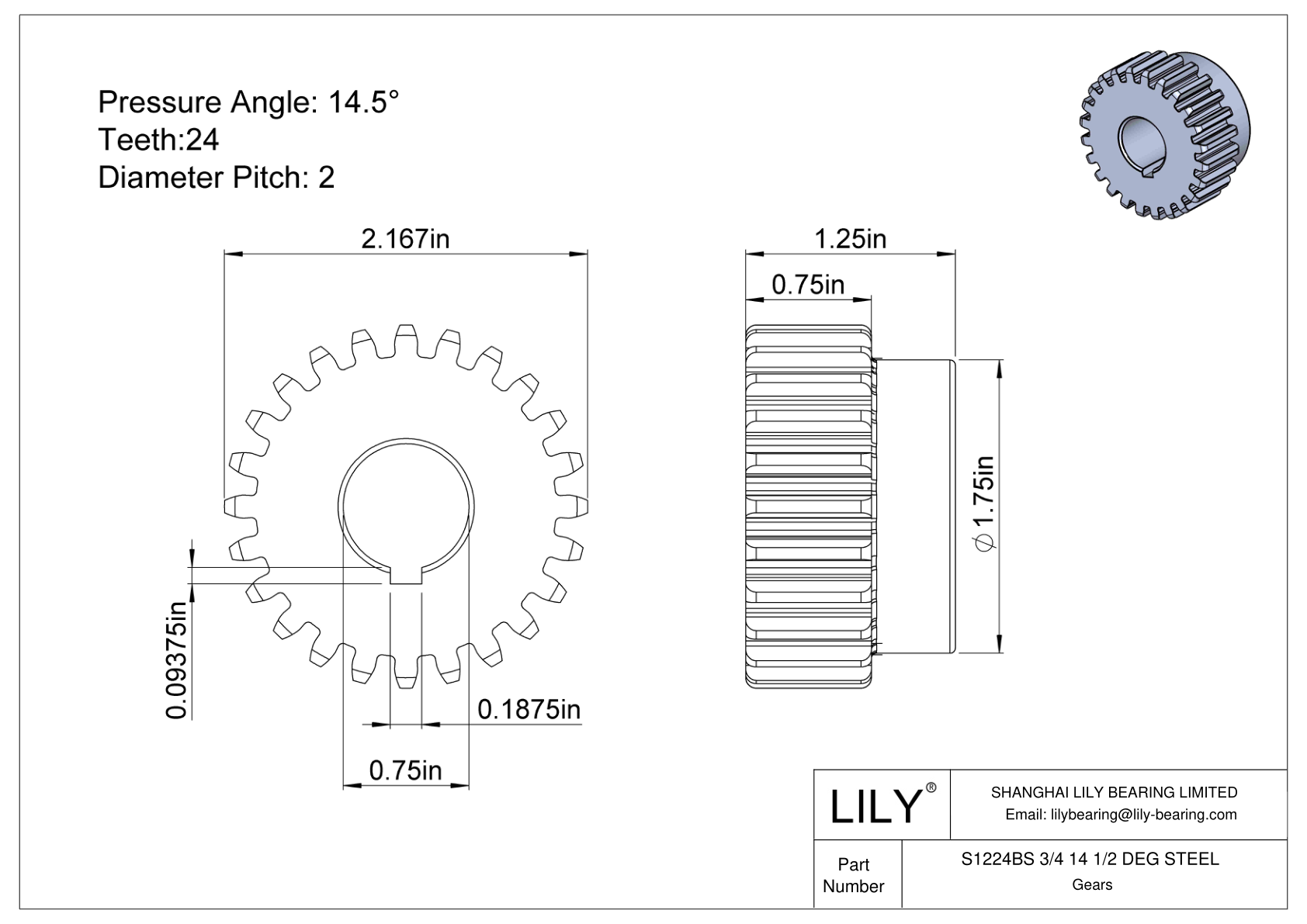 S1224BS 3/4 14 1/2 DEG STEEL Engranajes rectos cad drawing