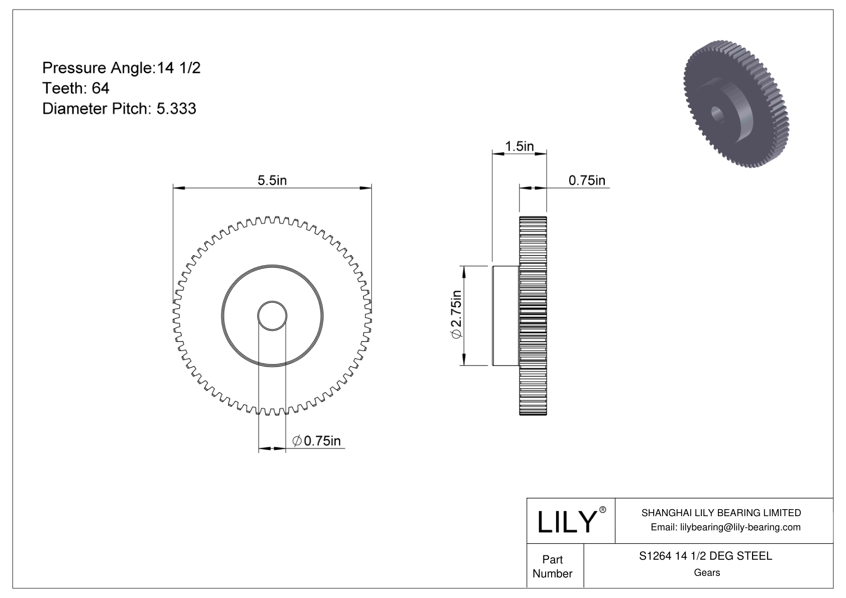 S1264 14 1/2 DEG STEEL Spur Gears cad drawing