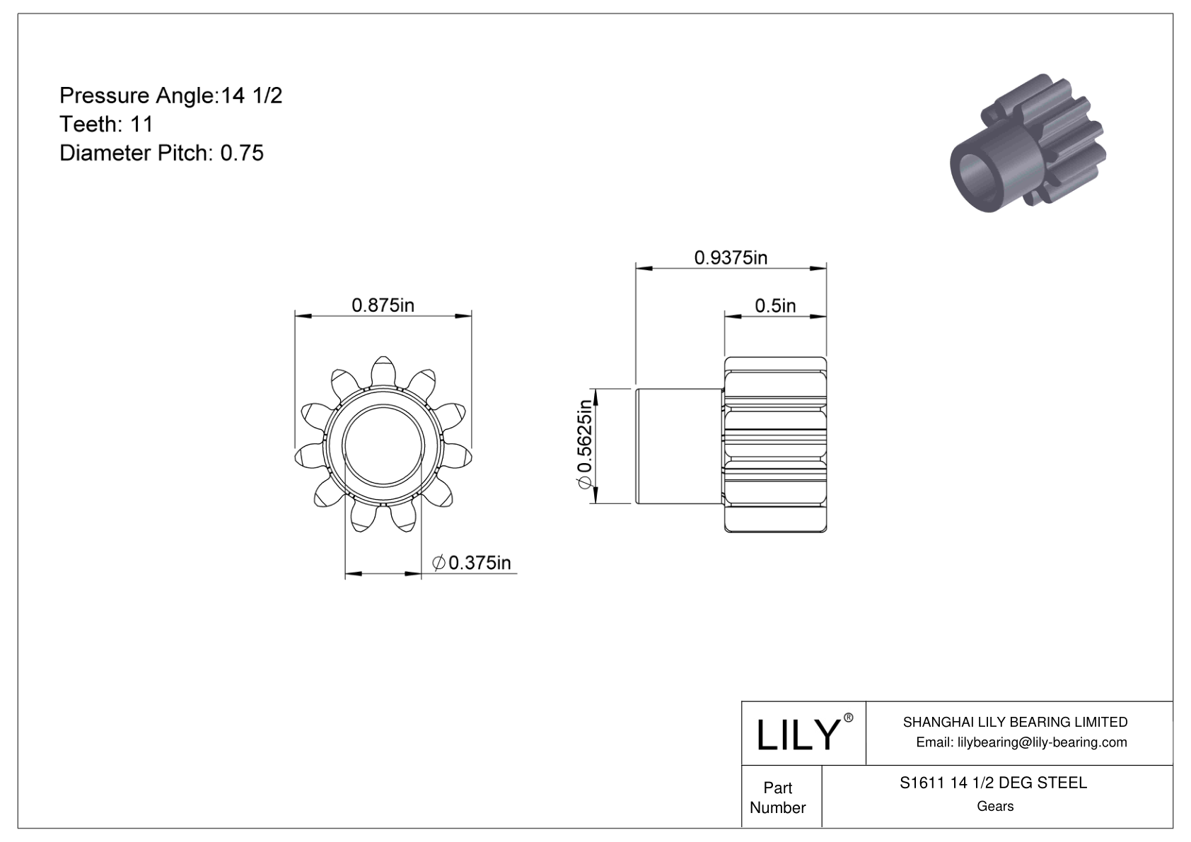 S1611 14 1/2 DEG STEEL 正齿轮 cad drawing